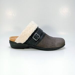 Spenco Nottingham Womens 7 Gray Suede With Faux Fur Trim Slip On Mules